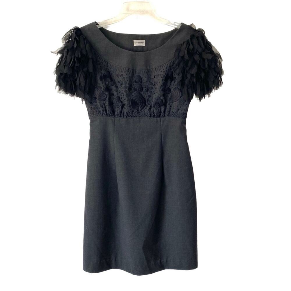 Philosophy Di Alberta Ferretti Embroidery Fringe Sleeve Charcoal Gray Wool Dress
